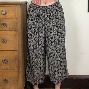 Vintage Printed Pants, 1980s Black Floral Rayon Lounge Pants, Size XL-1X